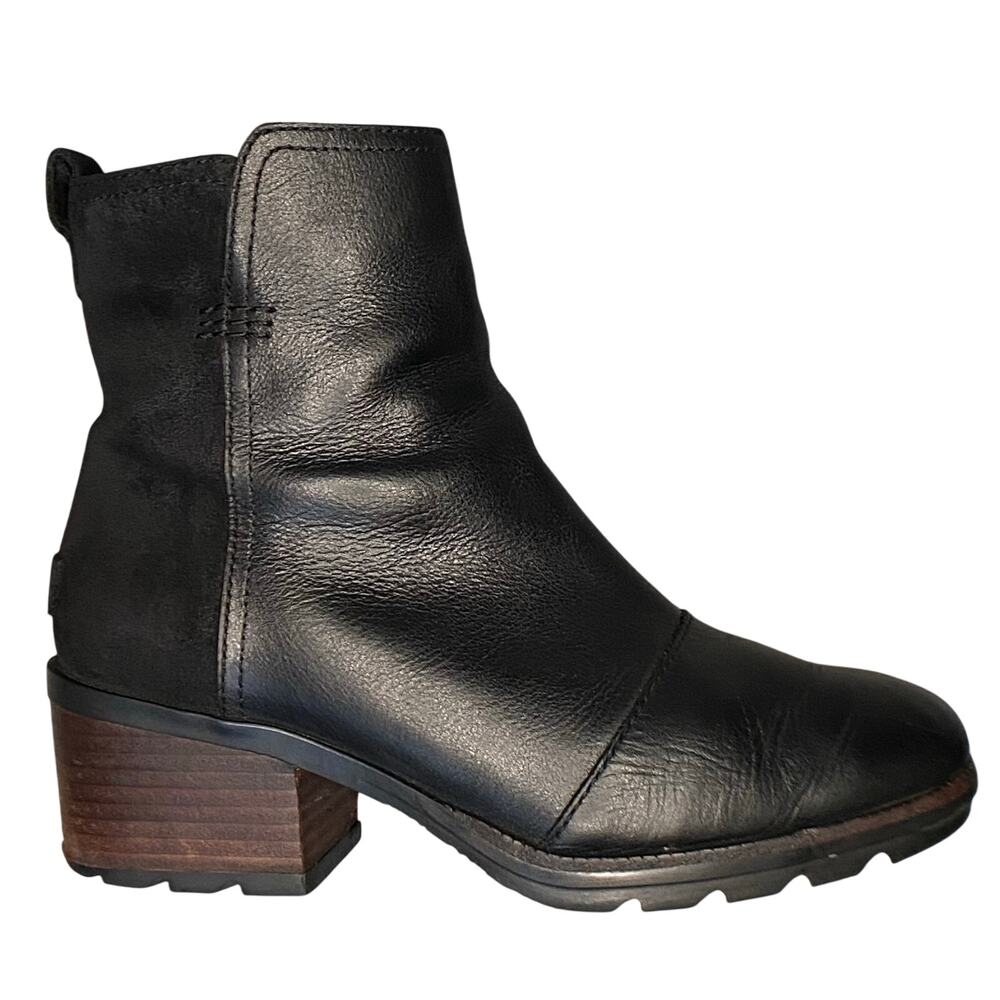 SOREL Cate Bootie Women Sz 7 Black Leather Block Heel Waterproof